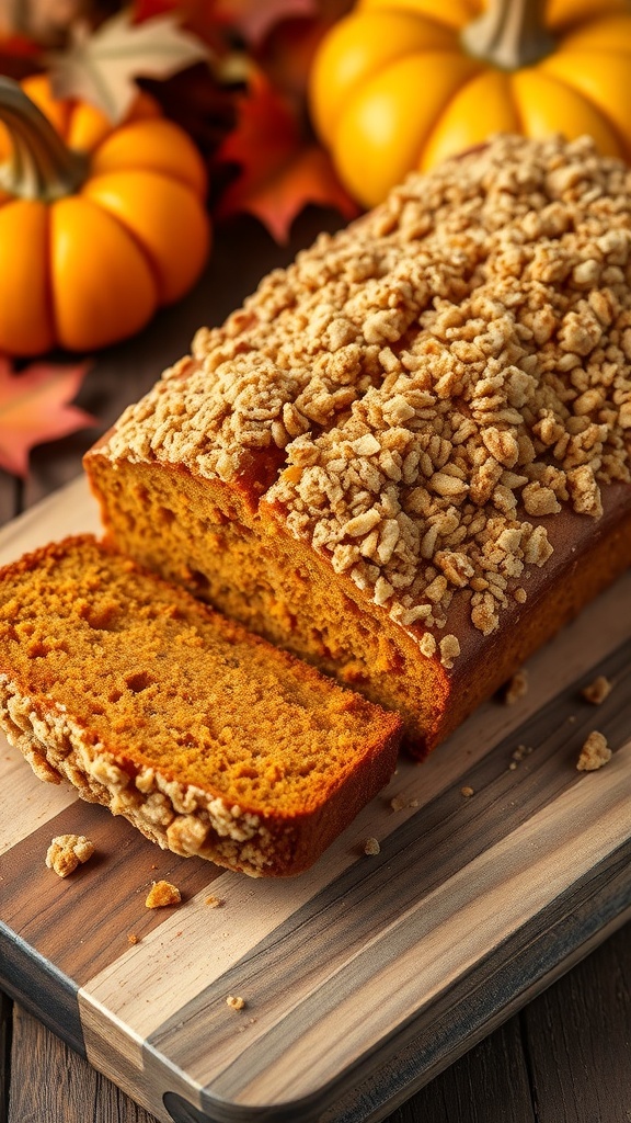 Pumpkin Bread with Streusel Topping Recipe A loaf of pumpkin bread with streusel topping, sliced, on a wooden board with autumn decorations.